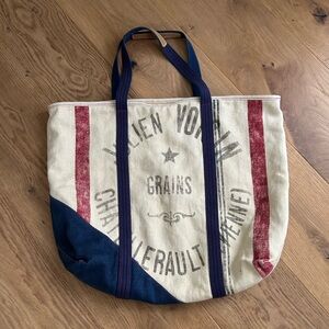 Moulinette Soeurs Vintage Style Grain Sack Canvas Tote with Navy & Red Accents